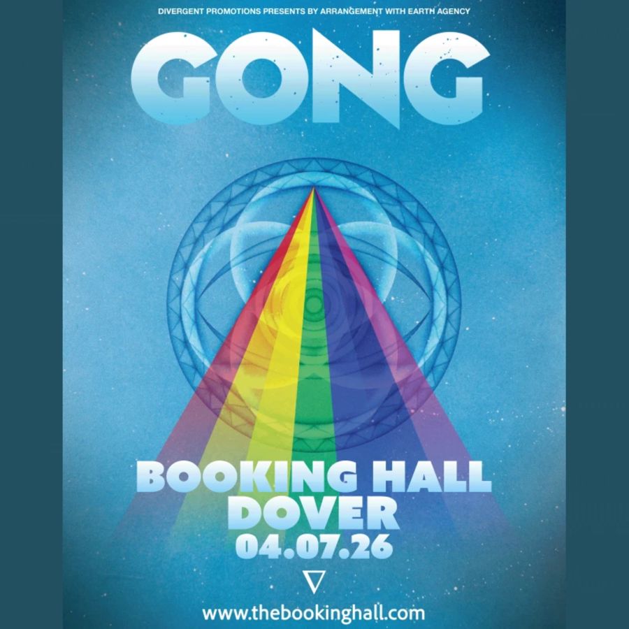 A diamond shaped rainbow inside concentric circles with the words Gong