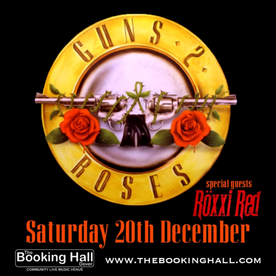 A round yellow circle  with the words Guns 2 Roses written in it. Also a pistol with a red rose at either end.