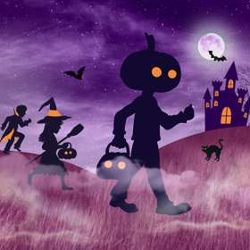 Purple and orange silhouette Halloween figures