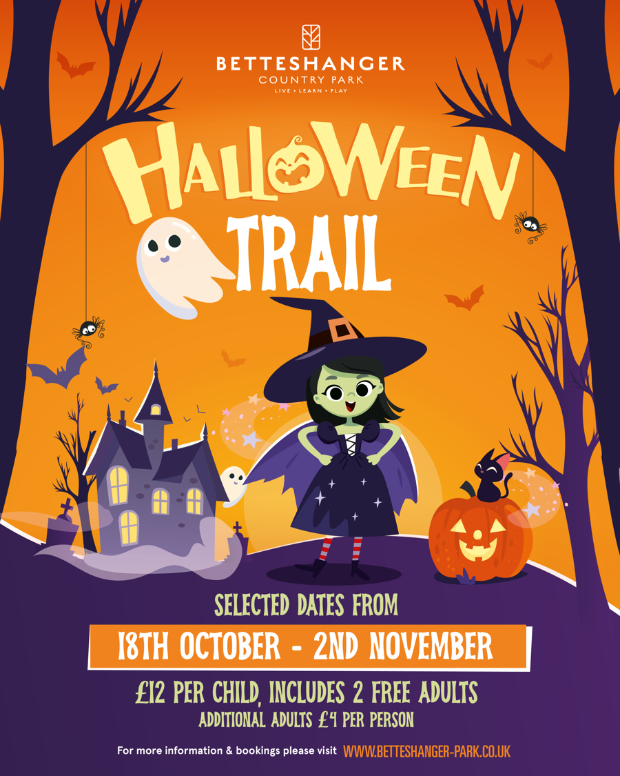 Colourful cartoon poster advertising a Halloween trail