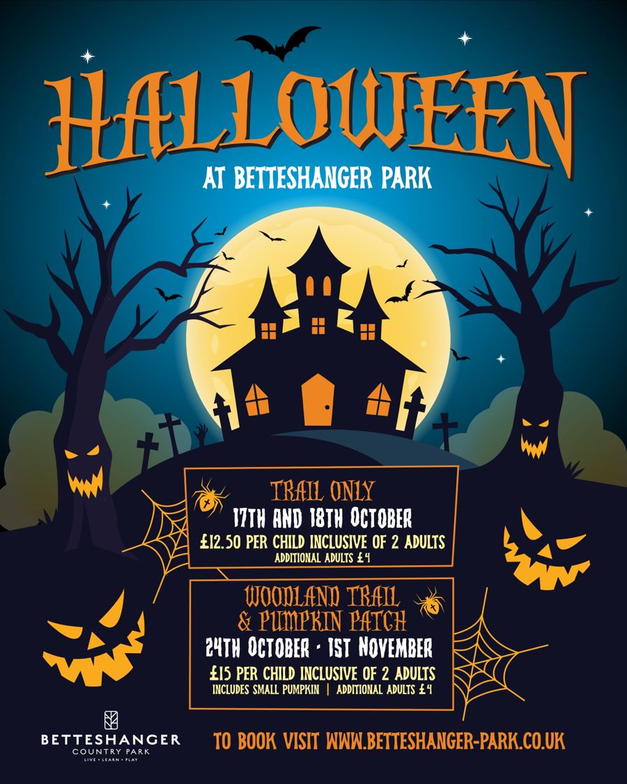 Cartoon poster with haunted house, trees and spider webs advertising a Halloween trail