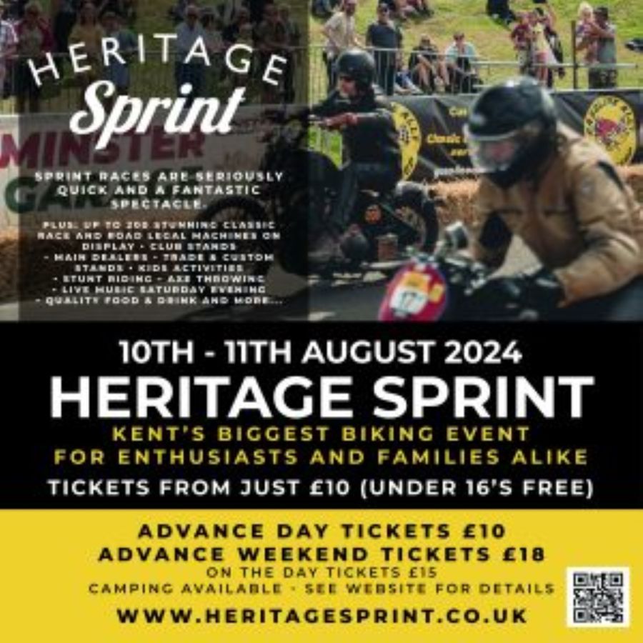 Poster for Heritage Sprint at Betteshanger Park with words & a picture of a man riding a motor bike.