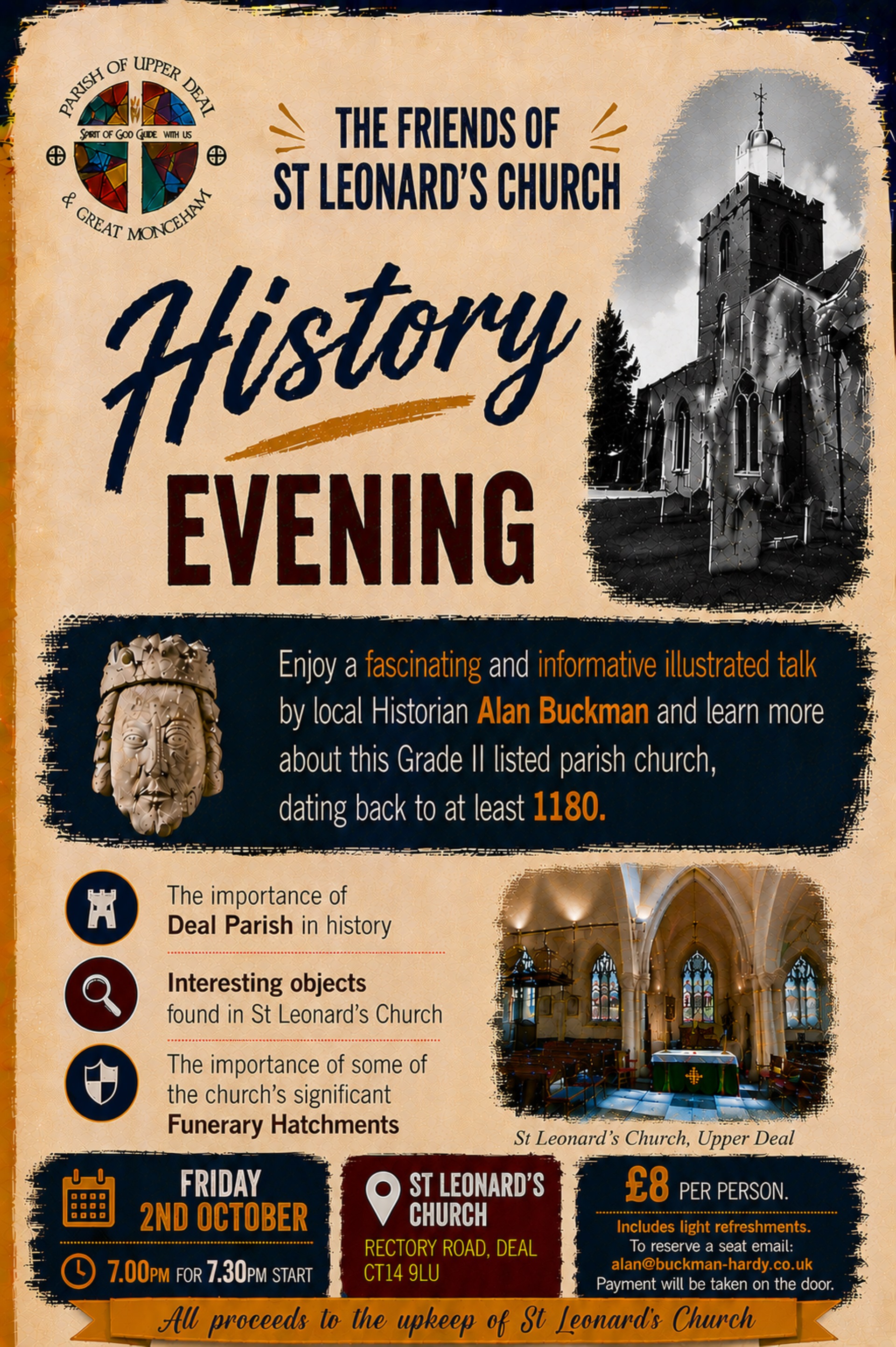 Poster of inside and outside of St Leonard's Church for history evening