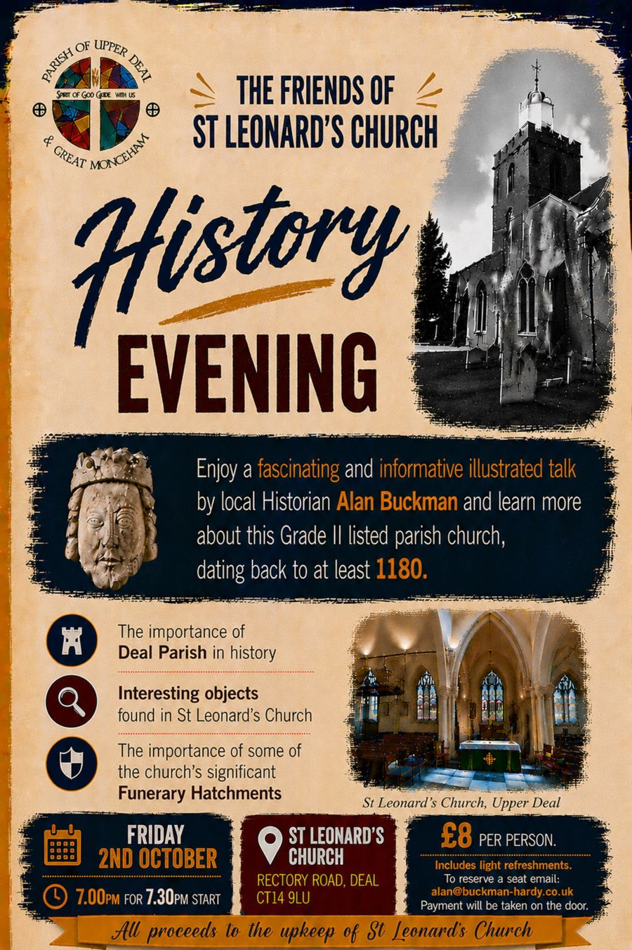 Poster of inside and outside of St Leonard's Church for history evening