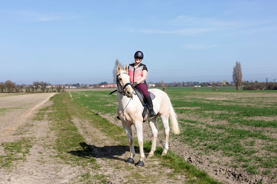 A horserider wearing a pink high-vis vest on a white horse in a field.