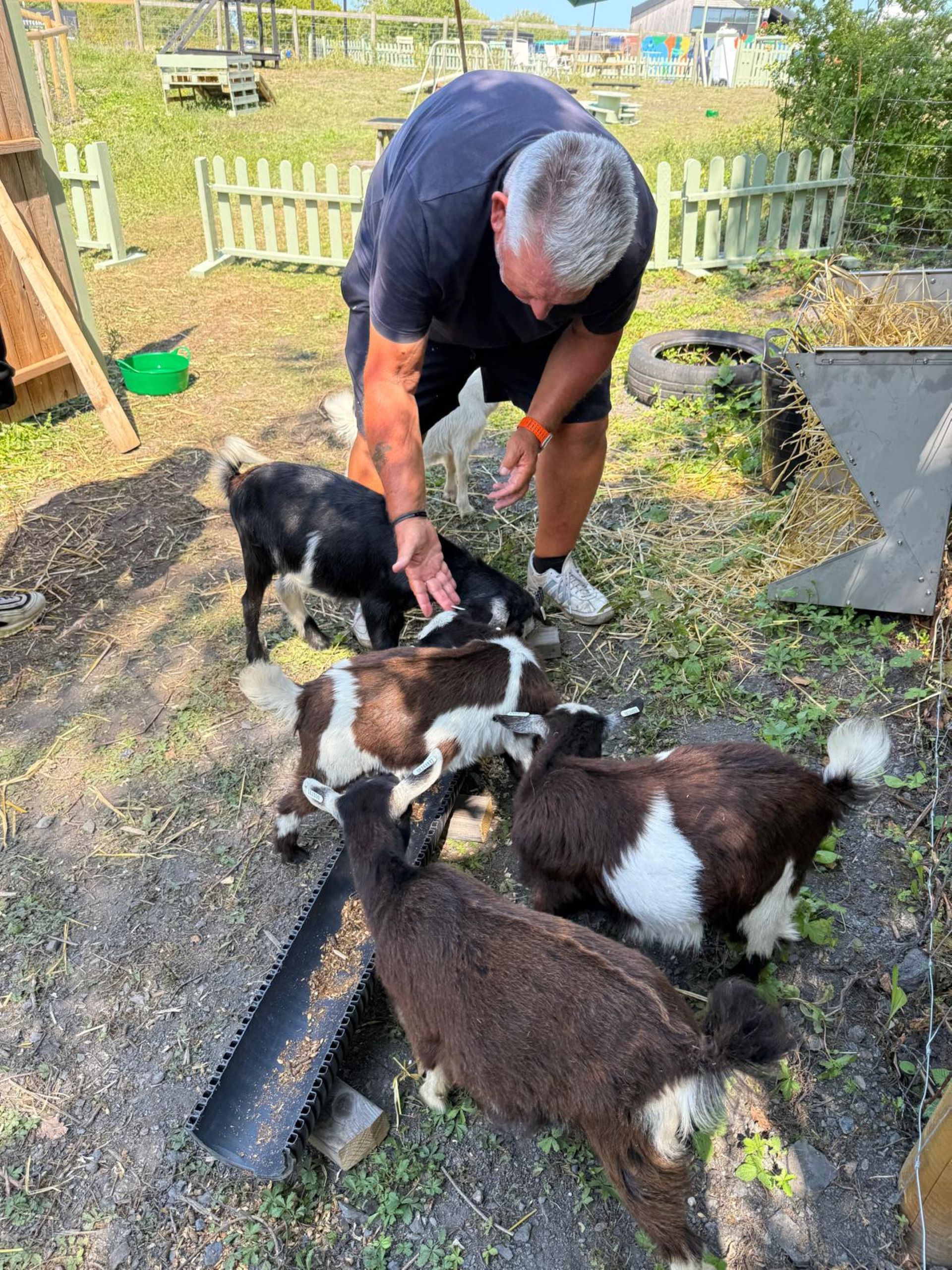 A man with four pygmy goats at his feet