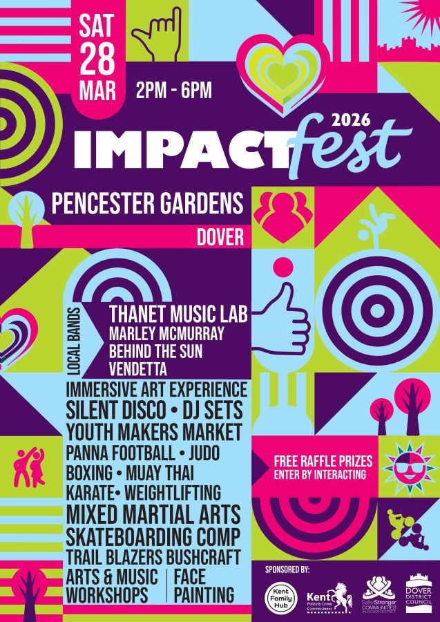 Brightly coloured poster with details of activities, workshops, entertainment and live music at Impact Fest 2026 