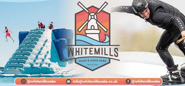 Whitemills Wake & Aqua Park logo and image of people enjoying the park