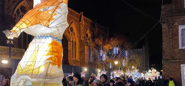 Giant fox lantern and lantern parade next to Maison Dieu in Dover