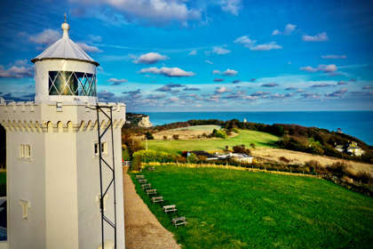 South Foreland Lighthouse from the air with the clifftop and sea in the background 