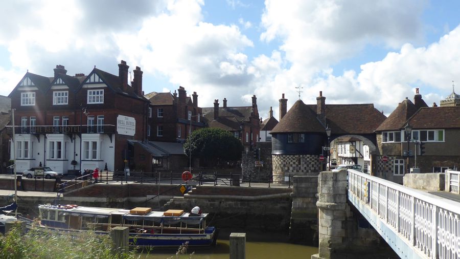 Sandwich riverside with bridge, tollhouse and The Bell Hotel. 