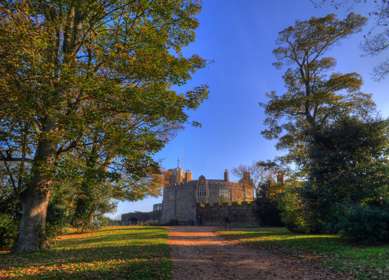 A gravel path boredered with trees leading to the Tudor gatehouse of Walmer Castle