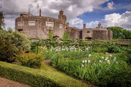 Walmer Castle gardens in summer showing the castle and irises