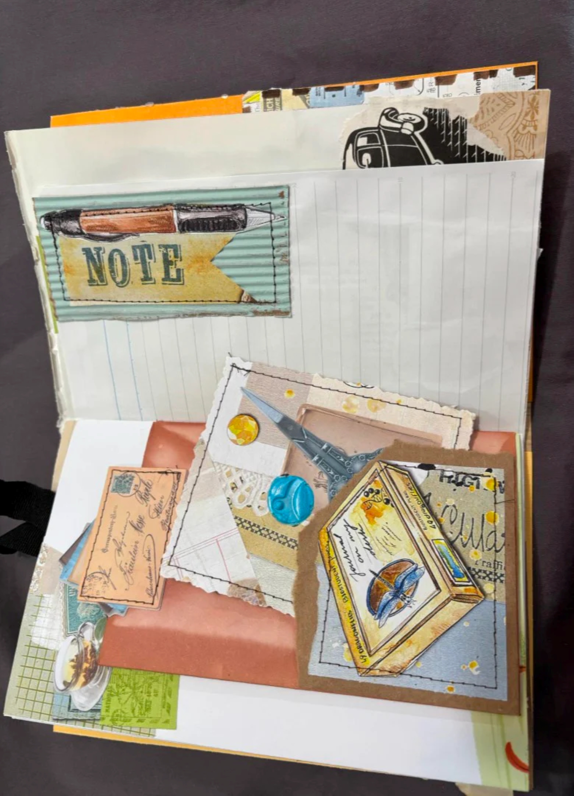 A collection of scrap paper, postcards, notes & a pair of scissors