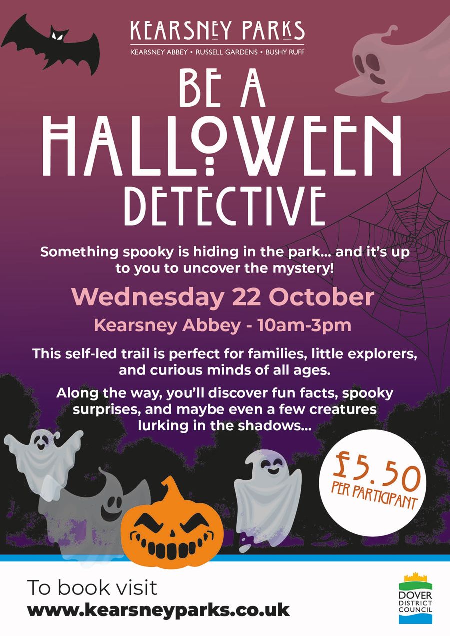 Spooky figures of ghosts, pumpkin & bats on a poster for Kearsney Parks be a Halloween Detective.