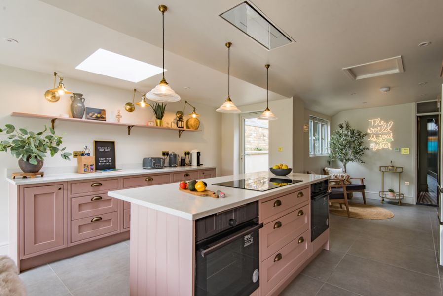 Kitchen in pale pink with island