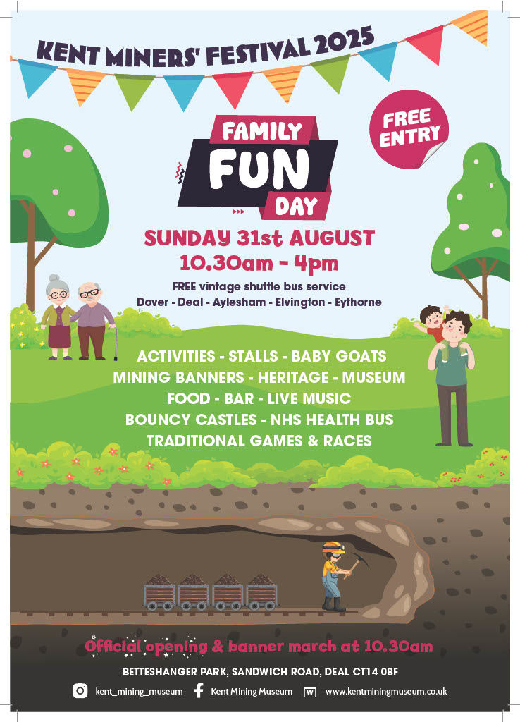 Poster with flags, trees, people and a miner for Family Fun Day