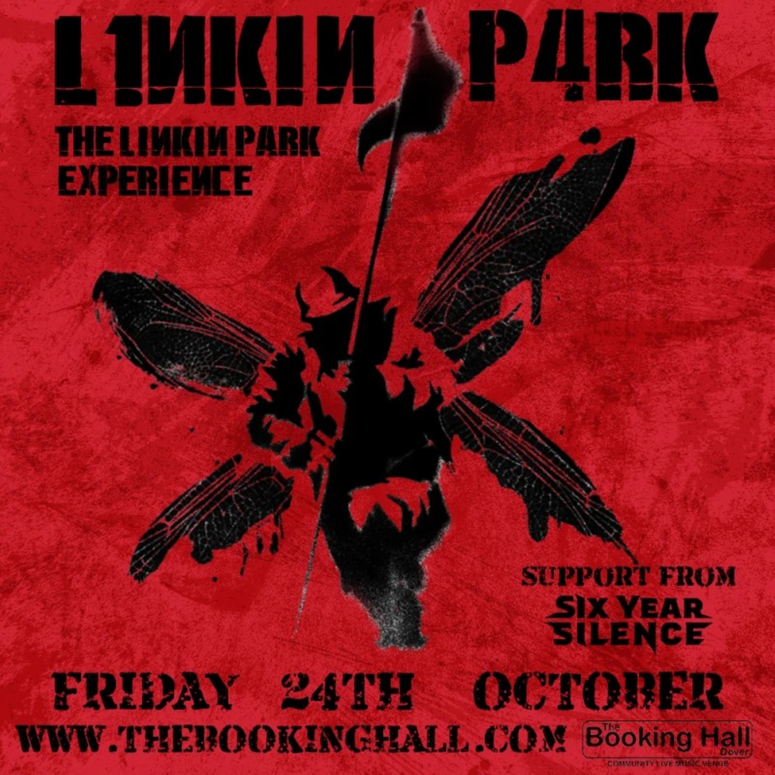 Red background with a figure with wings running and holding a flag pole