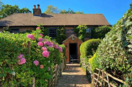 Front view of The Lantern Inn, an old country pub with pink roses in the garden