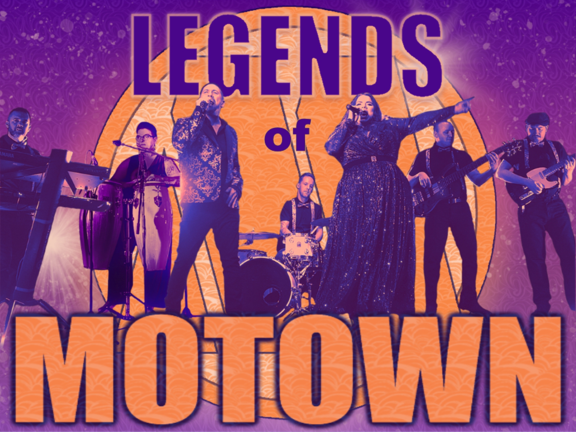 Poster in orange and purple featuring band members