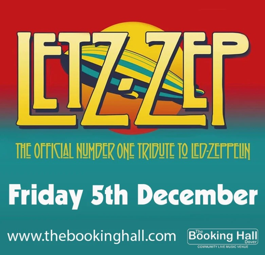The words Letz Zep written in yellow with a multi coloured background