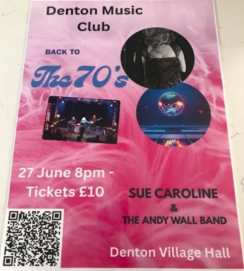 Poster advertising live music at Denton Village Hall