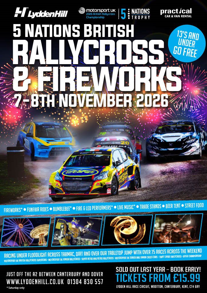 Poster on black background showing rallycross cars, fireworks and fairground rides 