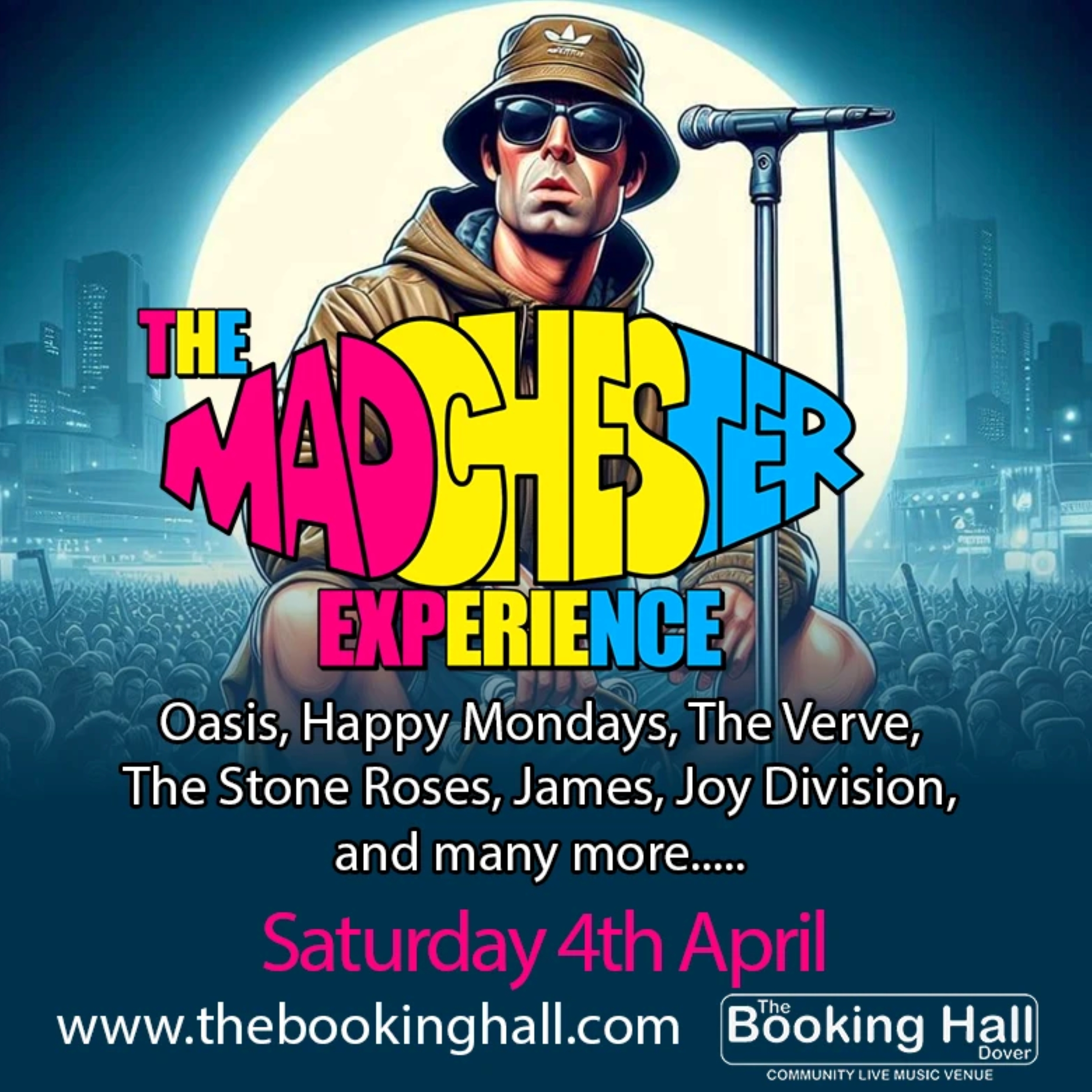 The Madchester Experience written in different colours in front of a man who looks like someone from Oasis