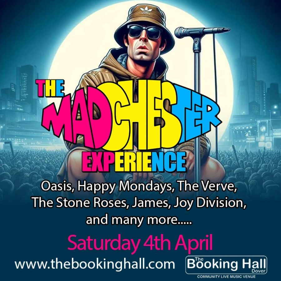 The Madchester Experience written in different colours in front of a man who looks like someone from Oasis