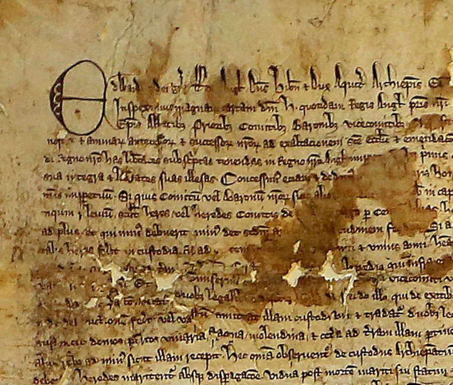 A yellowing and damaged parchment with with ancient writing - an original Magna Carta