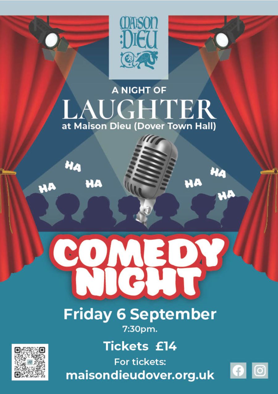 Poster with microphone and audience for Maison Dieu Comedy Night