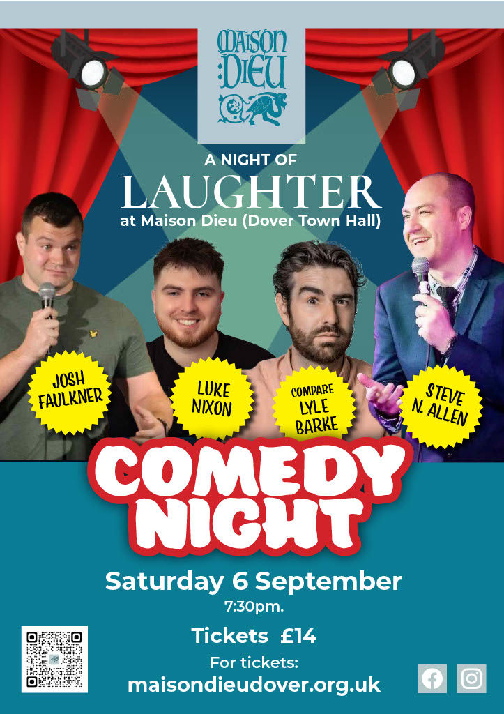 Poster with photos of comedians and compere for Maison Dieu Comedy Night