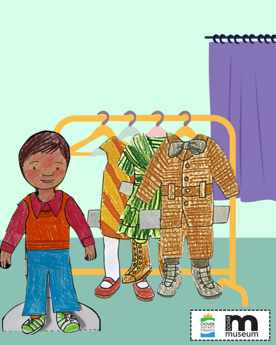 A drawing of a paper doll with interchangeable clothing