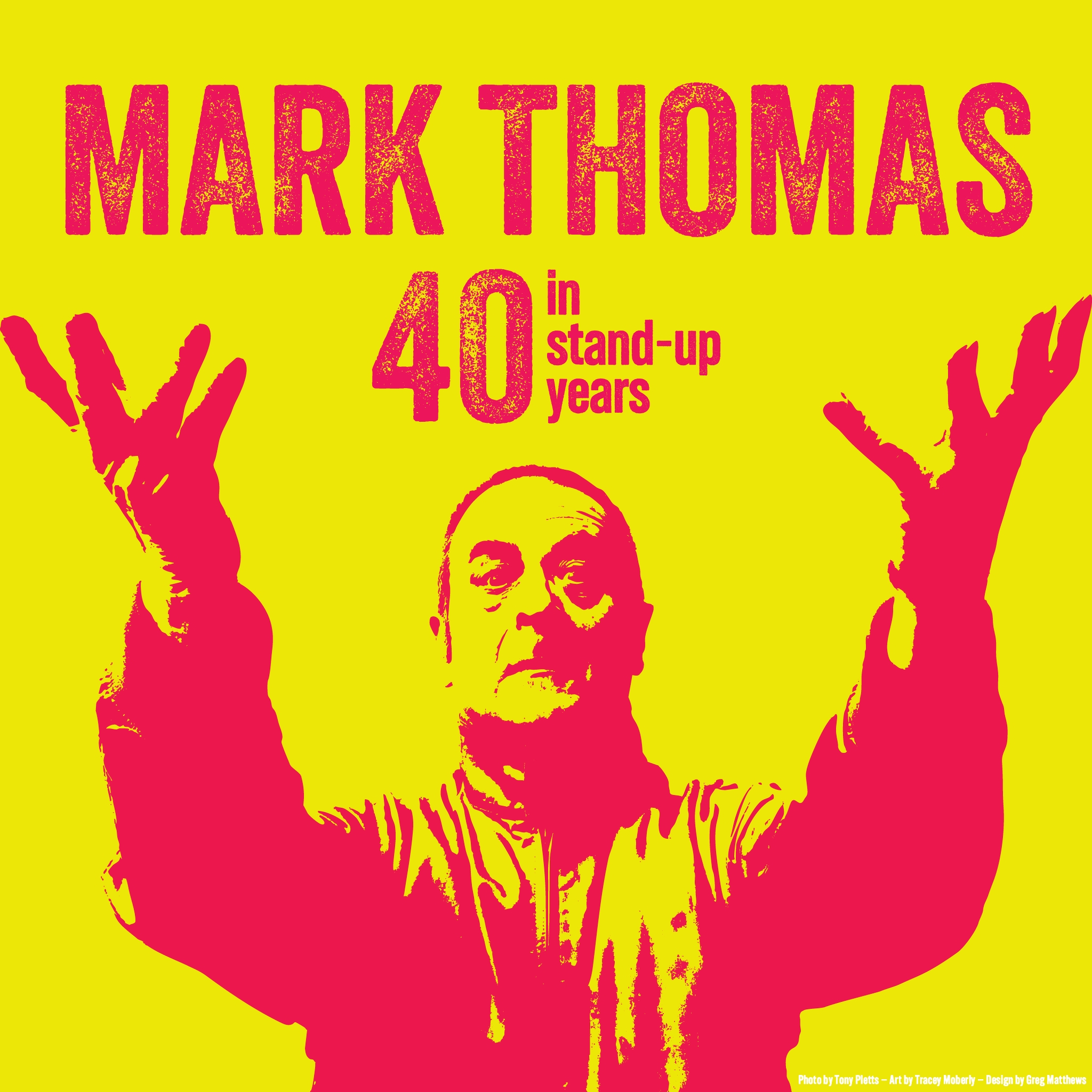 Warhol type poster in yellow and red showing Mark with his arms up