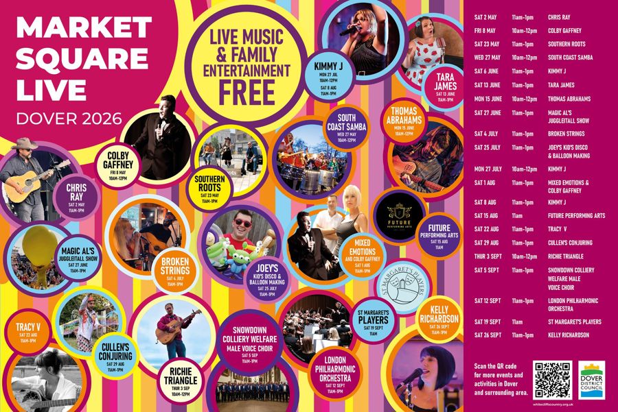 Colourful poster showing the acts performing