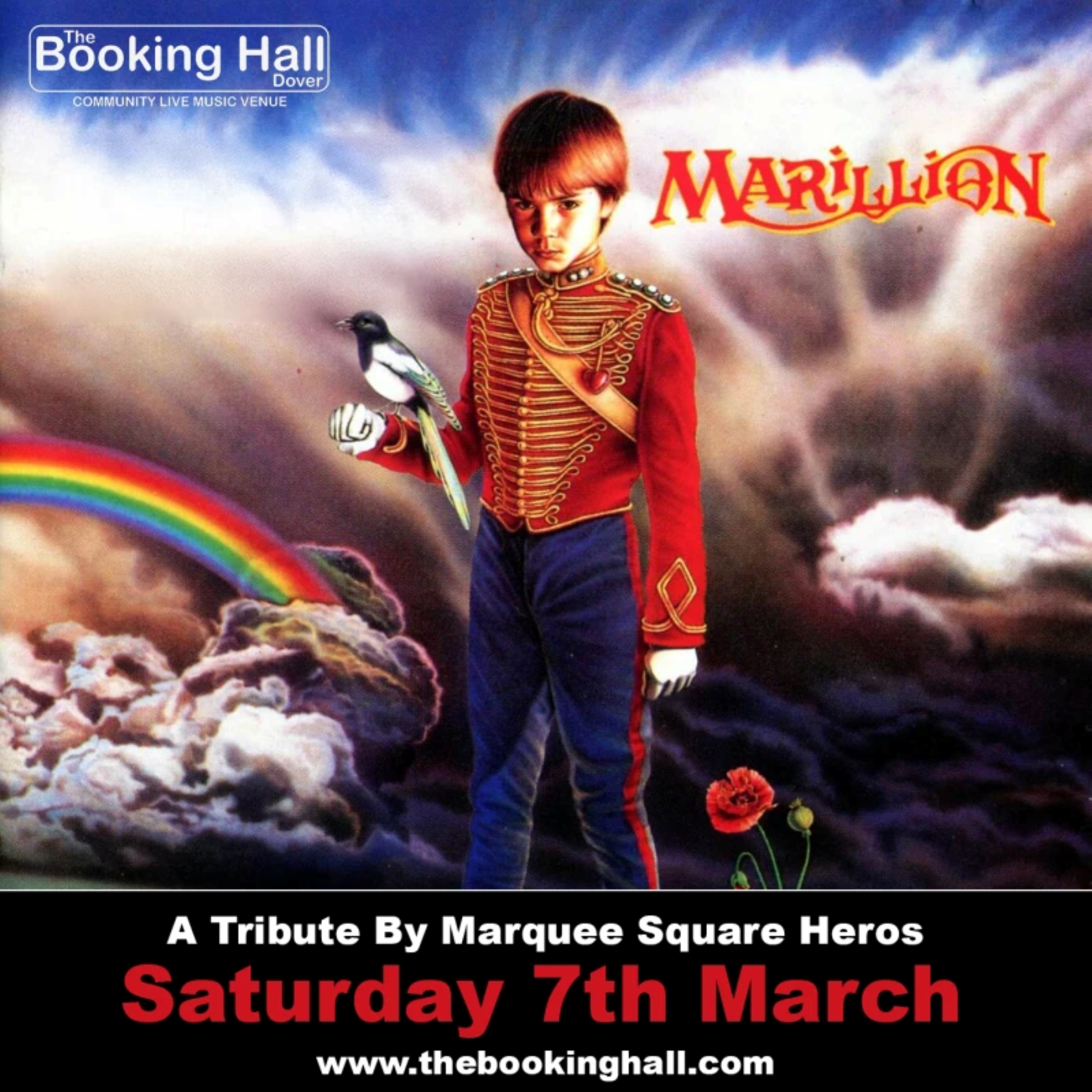 A boy in a red soldiers uniform with a magpie on his arm. The background has clouds & a rainbow.