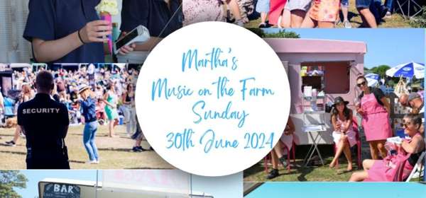 Smiling people dancing and enjoying music at Martha's Music on the Farm and the date Sunday 30 June 2024.