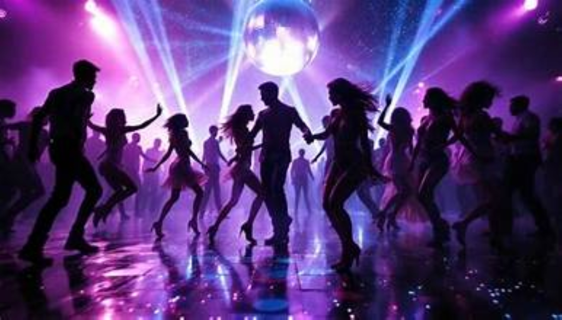 Silhouette figures dancing at a disco under a glitter ball