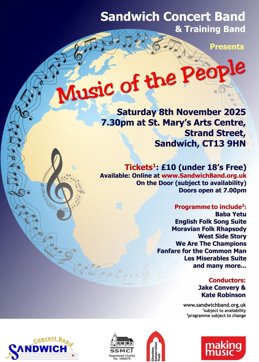 Music of the People written in red on a map of the world with musical notes along the top of the globe.
