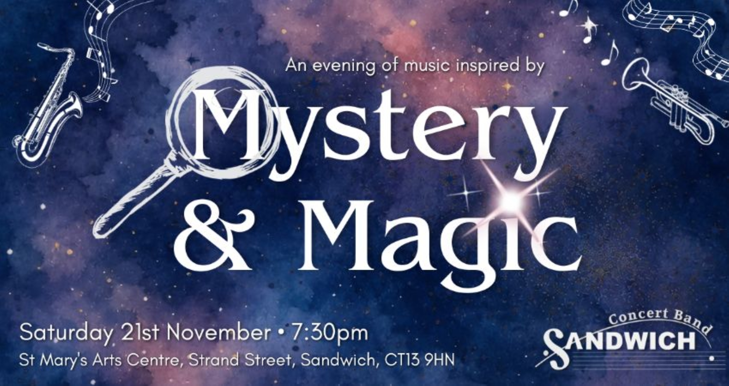 A night sky with a magnifying glass on the M of the words Mystery & Magic