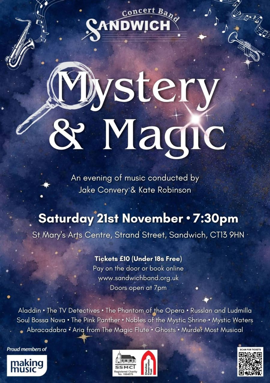 A night sky with a magnifying glass on the M of the words Mystery & Magic 