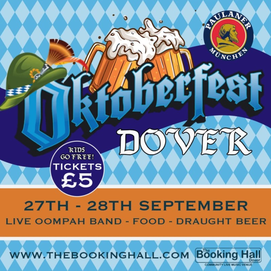 Two beer steins and a hat with a feather on top of the word Oktoberfest