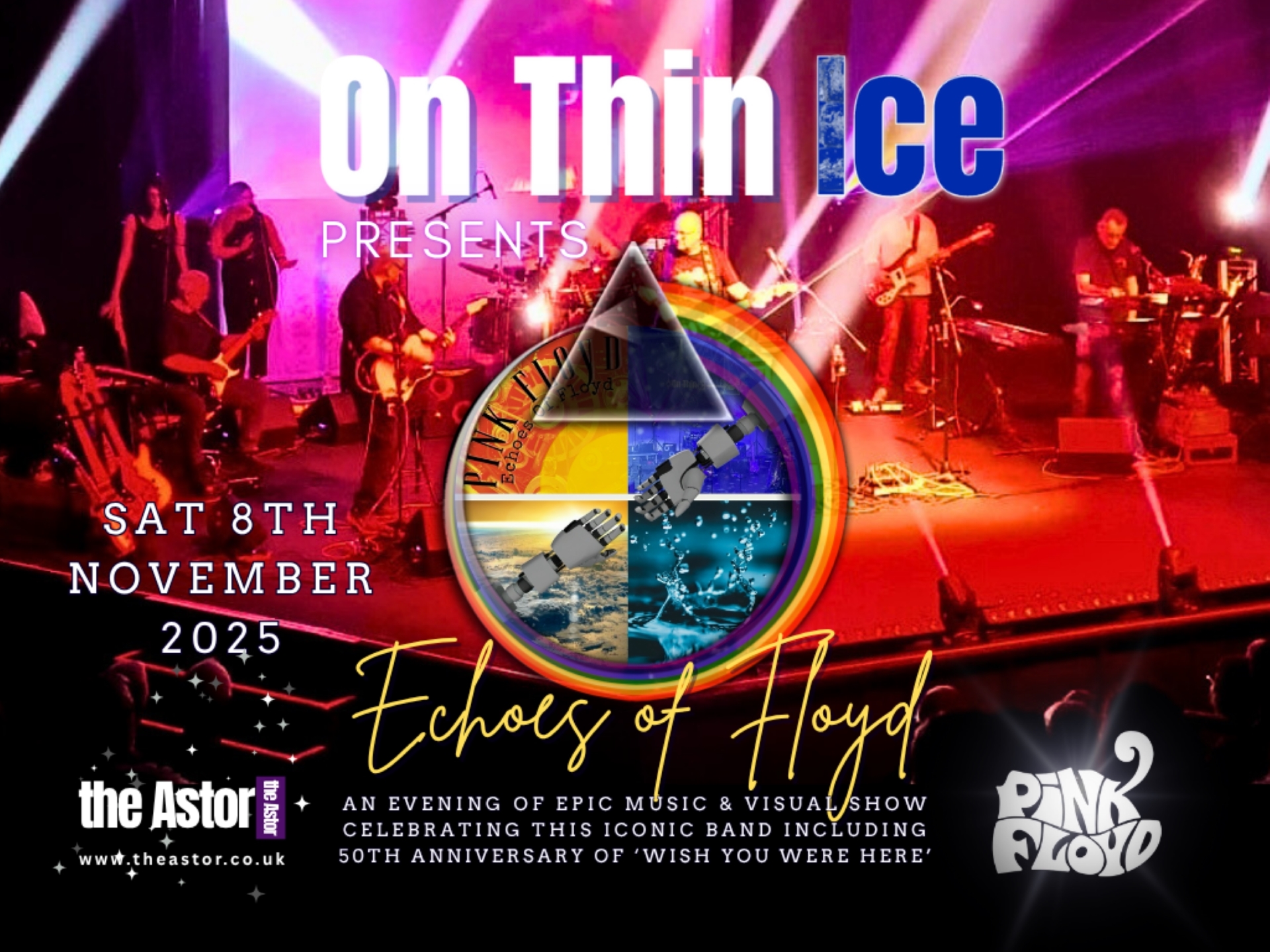 Band on stage with Pink Floyd  superimposed logos in front