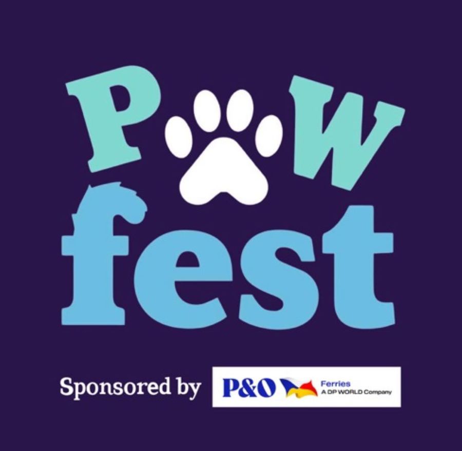 Logo with green and blue writing and a dogs paw for Pawfest 2026 