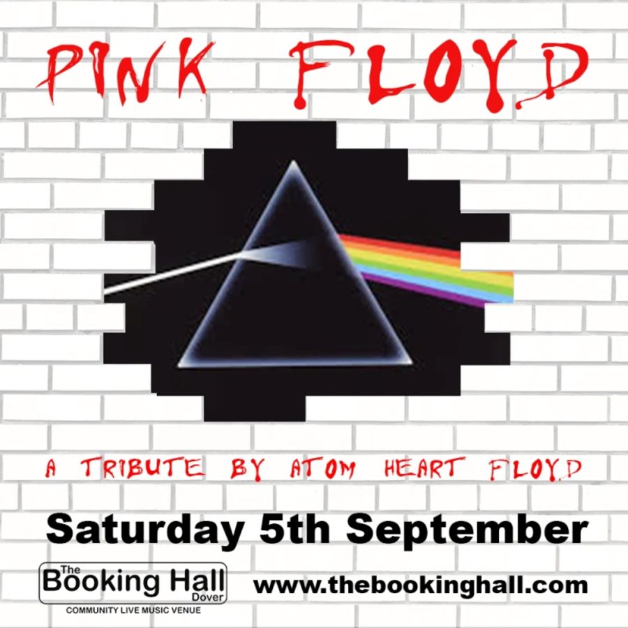 A white brick wall with the centre bricks removed and a triangle and rainbow inserted. A tribute to Pink Floyd by Atom Heart Floyd