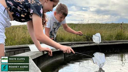 Two children with fishing nets pond dipping
