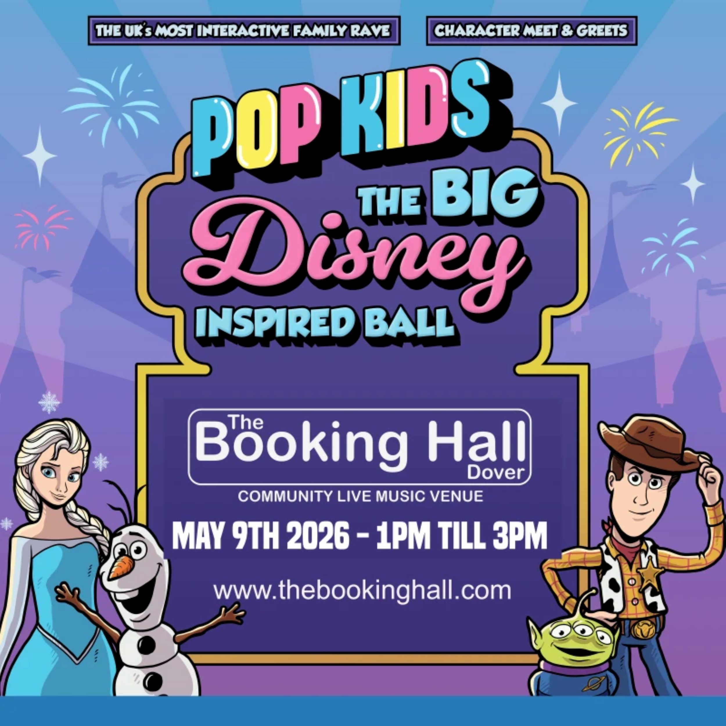Disney characters from Toy Story and Frozen on a poster advertising an event