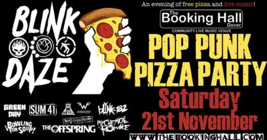 A hand holding a slice of pizza for poster Pop Punk Pizza Party Sat 21st Nov 2026