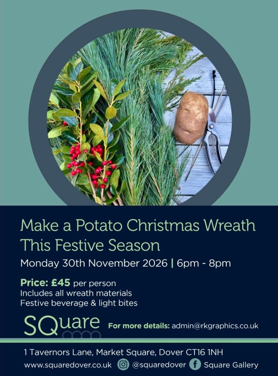 A potato next to green foliage & holly with red berries. Make a Potato Christmas Wreath at SQ Gallery