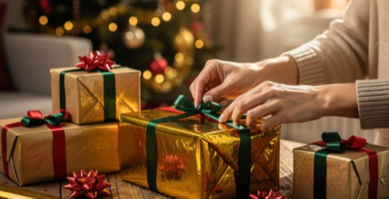 A person wrapping presents with gold paper and green and red ribbon